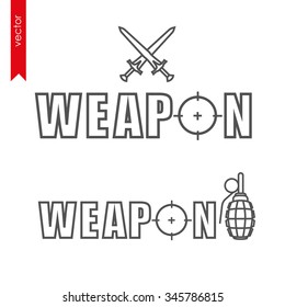 Weapon logotype with grenade, sight and swords. Vector logo for weapon shop