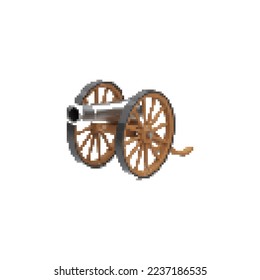 Weapon for long distance shooting, isolated pixelated cannon and bombs. Explosive bombshell for characters fight. Pixel art, 8 bit retro graphics, old school game design. Vector in flat style