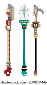 Waffe mit langem Griff. Halbaltertümliche Spielkonzept-Waffe. Flachdesign-Cartoon und Spielzeugkonzept. Vektorgrafik, Illustration.