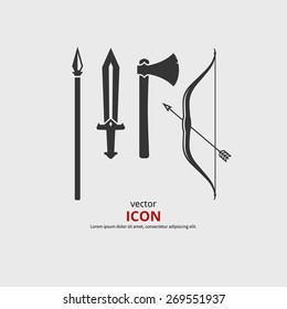 Weapon Medieval Icons, Axe, Sword, Bow, Spear. Vector Silhouette. 