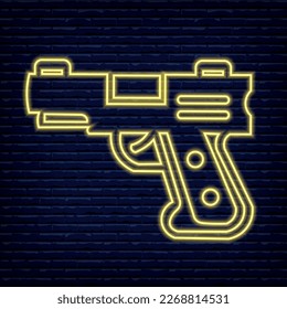 Weapon neon yellow, pistol, vector image signboard, logo, postcard