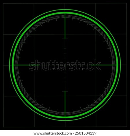 Weapon night sight, sniper rifle optical scope. Hunting gun viewfinder with crosshair. Aim, shooting mark symbol. Military target sign. Game UI element. Vector illustration