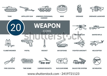 Weapon outline icons set. Creative icons: tank, artillery gun, armored personnel carrier, mine, grenade, grenade launcher, machine gun, sniper rifle, flamethrower, pistol, rocket, air defence, fighter