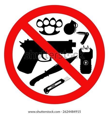 Weapon prohibited sign icon. No weapons gun, knife, taser, cutter, grenade, folding knife, brass knuckle. Vector illustration design
