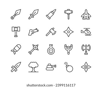 weapon related icon set. Editable stroke. Pixel Perfect 48x48px icons