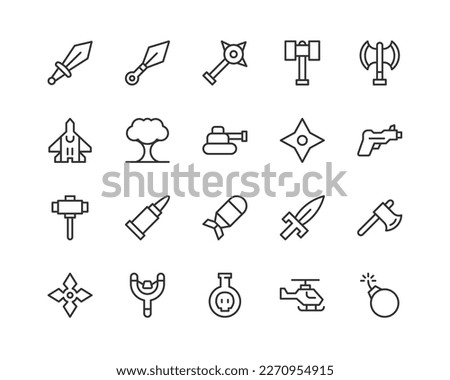 weapon related icon set. Editable stroke. Pixel Perfect 48x48px icons
