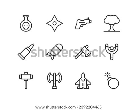 weapon related icon set. Editable stroke. Pixel Perfect 48x48px icons