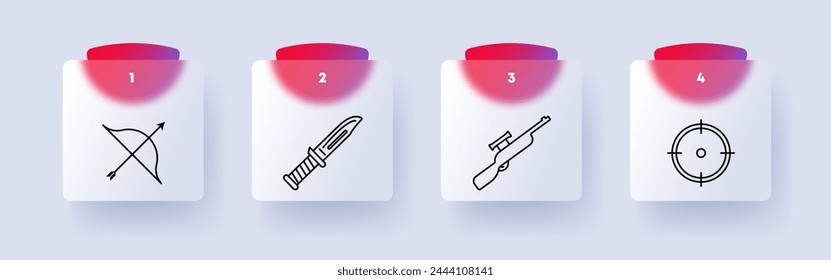 Waffenset-Symbol. Scharfschützengewehr, Umfang, Bolzengewehr, Nummerierung, Messer, Griff, Bogen, Schnur, Pfeil, Fadenkreuz. Konzept der Jagd-und Jagdausrüstung. Glasmorphismus-Stil.
