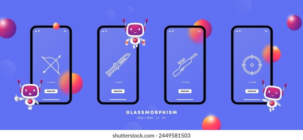 Weapon set icon. Sniper rifle, scope, bolt gun, gradient, knife, handle, bow, string, arrow, crosshair. Concept of hunting and hunting equipment. Glasmorphism style.