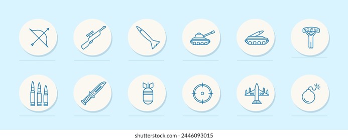 Weapon set icon. Tank, man, banner, no war, artillery, plane, blue colors, military equipment, bow, rifle, knife. Third world countries, military operations in them concept. Vector line icon.