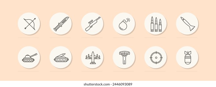 Waffenset-Symbol. Panzer, Mann, Banner, kein Krieg, Artillerie, Flugzeug, Pastellfarben, militärische Ausrüstung, Bogen, Gewehr, Messer. Dritte Welt Länder, militärische Operationen in ihnen Konzept. Symbol für Vektorgrafik.
