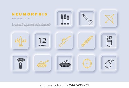 Icono de arma. Tanque, hombre, Anuncio, sin guerra, artillería, avioneta, bombardero, equipo militar, arco, rifle, cuchillo, cohete. Los países del Tercer Mundo y las operaciones militares en ellos concepto. Estilo neomorfista.