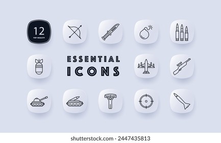 Weapon set icon. Tank, man, banner, no war, artillery, plane, bomber, military equipment, bow, rifle, knife, rocket. Third world countries and military operations in them concept. Neomorphism style.