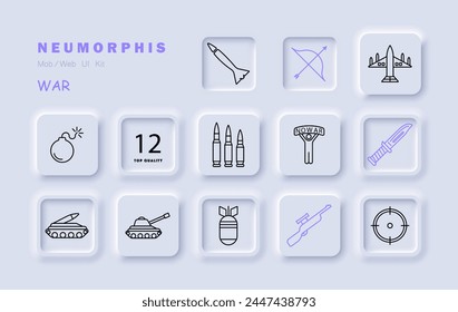 Weapon set icon. Tank, man, banner, no war, artillery, plane, bomber, military equipment, bow, rifle, knife, rocket. Third world countries and military operations in them concept. Vector line icon.