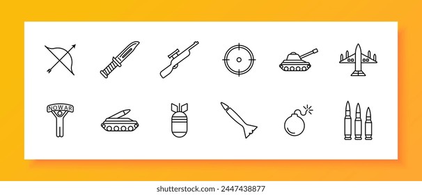 Icono de arma. Tanque, hombre, Anuncio, sin guerra, artillería, avioneta, bombardero, equipo militar, arco, rifle, cuchillo, cohete. Los países del Tercer Mundo y las operaciones militares en ellos concepto. Icono de línea de Vector.