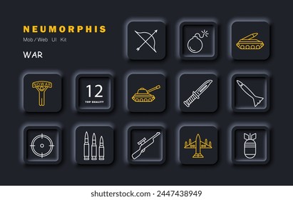 Waffenset-Symbol. Panzer, Mann, Banner, kein Krieg, Artillerie, Flugzeug, Bomber, militärische Ausrüstung, Bogen, Gewehr, Messer, Rakete. Dritte Welt-Länder und militärische Operationen in ihnen Konzept. Symbol für Vektorgrafik.