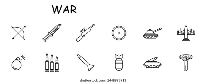 Waffenset-Symbol. Panzer, Mann, Banner, kein Krieg, Artillerie, Flugzeug, Bomber, militärische Ausrüstung, Bogen, Gewehr, Messer, Rakete. Dritte Welt-Länder und militärische Operationen in ihnen Konzept. Symbol für Vektorgrafik.