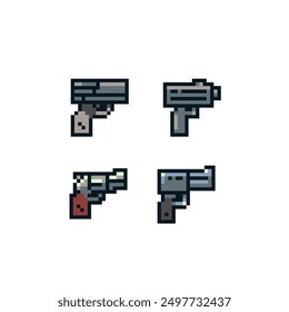 Conjunto de armas perfecto pixel art icons pistola blaster Ilustración vectorial aislada. Diseño para la etiqueta engomada, el App móvil y el logotipo. Activos del juego 8-bit sprite.