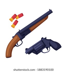 Waffensatz, Schießpistole, Schusswaffen und Kugeln, Jagdklettern und Geräte Vektorgrafik im Flachstil
