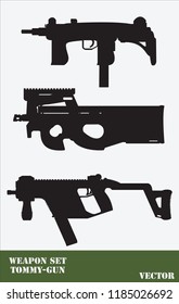 Weapon set tommy gun flat icon, black silhouette