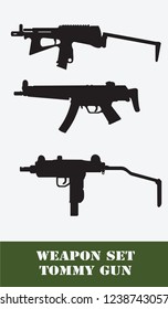 Weapon set tommy gun flat icon, black silhouette