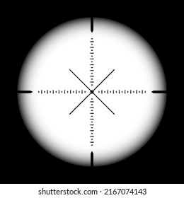 Weapon sight, sniper rifle optical scope on black background. Hunting gun viewfinder with crosshair. Aim, shooting mark symbol. Military target sign, silhouette. Game UI element. Vector illustration
