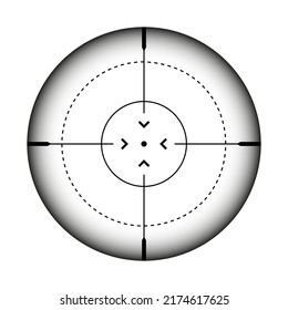Vista de armas, alcance óptico de rifle de francotirador. Buscando visor de pistolas con cruz. Objetivo, símbolo de marca de disparo. Signo de objetivo militar, silueta. Elemento de interfaz de usuario de interfaz de juego. Ilustración del vector