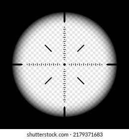 Weapon sight, sniper rifle optical scope on black background. Hunting gun viewfinder with crosshair. Aim, shooting mark symbol. Military target sign, silhouette. Game UI element. Vector illustration