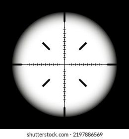 Weapon sight, sniper rifle optical scope on black background. Hunting gun viewfinder with crosshair. Aim, shooting mark symbol. Military target sign, silhouette. Game UI element. Vector illustration