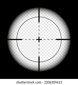 Vista de armas, alcance óptico de rifle de francotirador sobre fondo negro. Buscando visor de pistolas con cruz. Objetivo, símbolo de marca de disparo. Signo de objetivo militar, silueta. Elemento UI de juego. Ilustración del vector