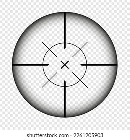 Vista de armas, alcance óptico de rifle de francotirador. Buscando visor de pistolas con cruz. Objetivo, símbolo de marca de disparo. Signo de objetivo militar, silueta. Elemento de interfaz de usuario de interfaz de juego. Ilustración del vector