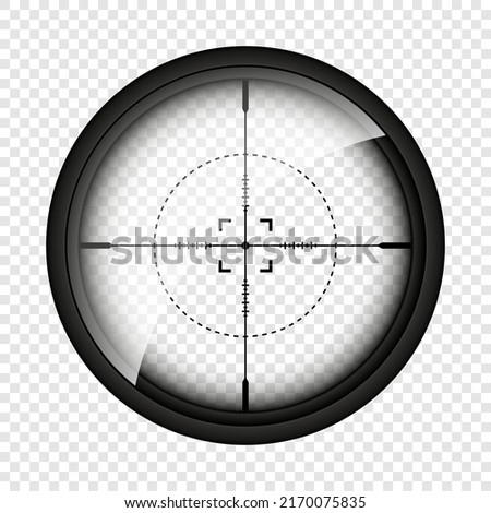 Weapon sight, sniper rifle optical scope. Hunting gun viewfinder with crosshair. Aim, shooting mark symbol. Military target sign, silhouette. Game interface UI element. Vector illustration