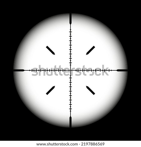 Weapon sight, sniper rifle optical scope on black background. Hunting gun viewfinder with crosshair. Aim, shooting mark symbol. Military target sign, silhouette. Game UI element. Vector illustration