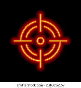 Waffen-Sicht, Ziel oder Crosshair, einfaches Symbol. orangefarbener Neonstil auf schwarzem Hintergrund. Leuchtlineares Symbol mit bearbeitbarem Hub