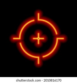 Vista de armas, objetivo o cruz, icono simple. Estilo neón naranja sobre fondo negro. Icono lineal claro con trazo editable