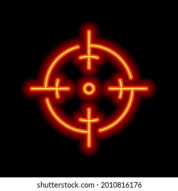 Weapon sight, target or crosshair, simple icon. Orange neon style on black background. Light linear icon with editable stroke