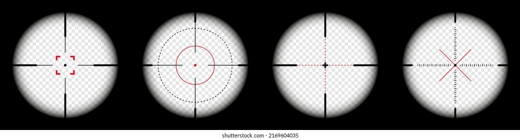 Luces de armas, alcance óptico de rifle de francotirador sobre fondo negro. Buscando visor de pistolas con cruz. Objetivo, símbolo de marca de disparo. Signo de objetivo militar, silueta. Elemento UI de juego. Ilustración del vector