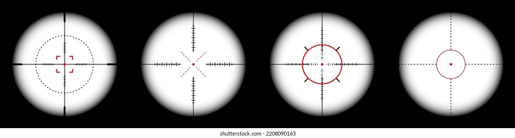 Luces de armas, alcance óptico de rifle de francotirador sobre fondo negro. Buscando visor de pistolas con cruz. Objetivo, símbolo de marca de disparo. Signo de objetivo militar, silueta. Elemento UI de juego. Ilustración del vector