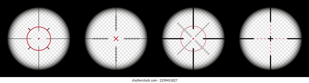 Waffenzielgeräte, optisches Scharfschützenprogramm auf schwarzem Hintergrund. Jagd Pistensucher mit Crosshair. Ziel, Markensymbol schießen. Militärzielschild, Silhouette. UI-Element des Spiels. Vektorgrafik