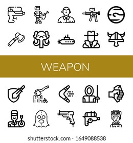 weapon simple icons set. Contains such icons as Water gun, Axe, Medieval, Mammoth, Defendant, Submarine, Paintball gun, Hunter, Neptune, Viking helmet, can be used for web, mobile and logo