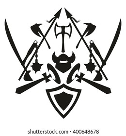 weapon, sword, shield, mace, ax, silhouette, vector