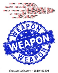 Weapon textured round seal print and vector recursive mosaic missile. Blue seal contains Weapon tag inside round shape. Vector mosaic is constructed with recursive missile icons.