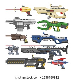 Weapon vector blaster laser gun with futuristic handgun and raygun of aliens in space illustration set of child pistols isolated on white background.
