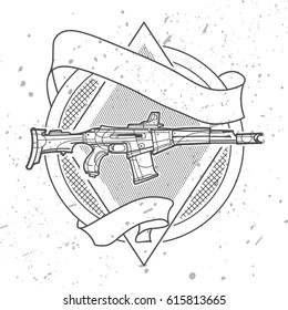 Weapon Vector design label, vintage logo. Gun, rifle.