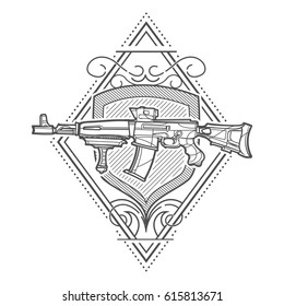 Weapon Vector design label, vintage logo. Gun, rifle.