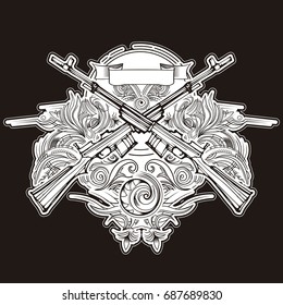 Weapon vector design label, vintage logo, black and white, sticker