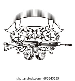 Weapon Vector design label, vintage logo. Gun, rifle.