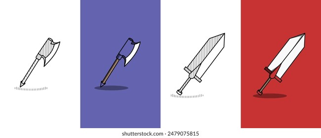 weapon vector design on white, blue, and red background. color and sketch design vector