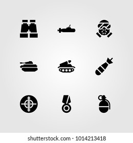 Weapon vector icon set. gas mask, binocular, aim and torpedo