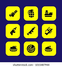 Weapon vector icon set. grenade, tank, rifle and cruiser
